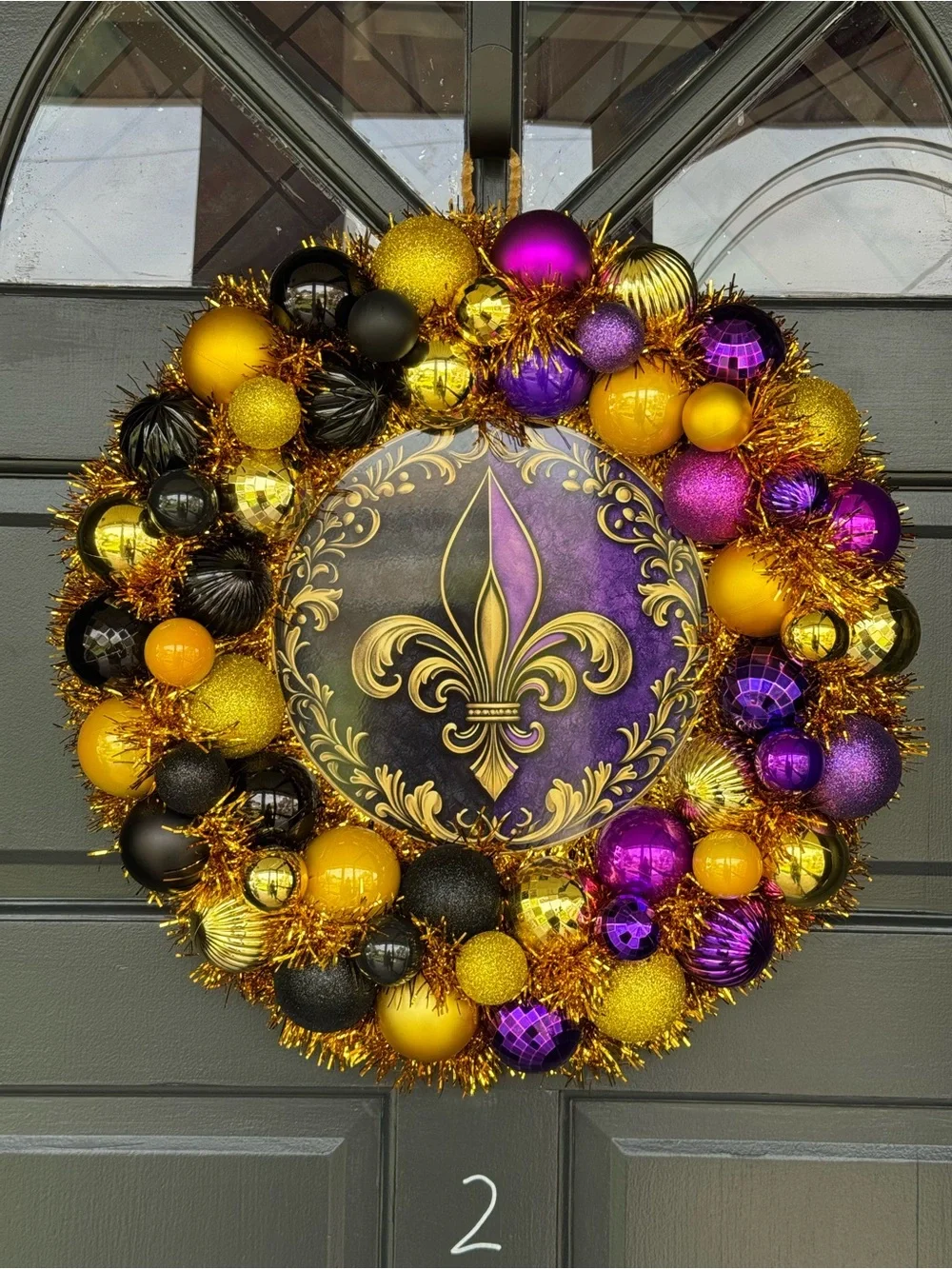 Festive Fleur-de-Lis Holiday Wreath in Purple, Gold & Black